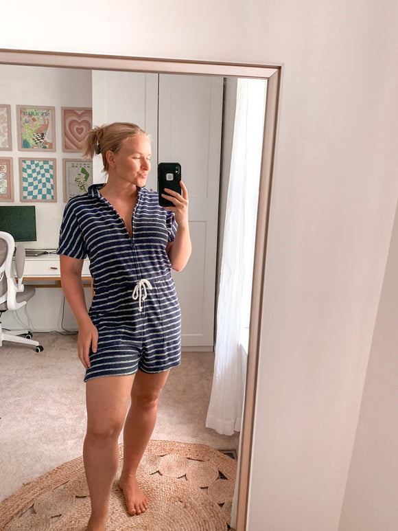 Marine Layer Navy Romper fits like a med